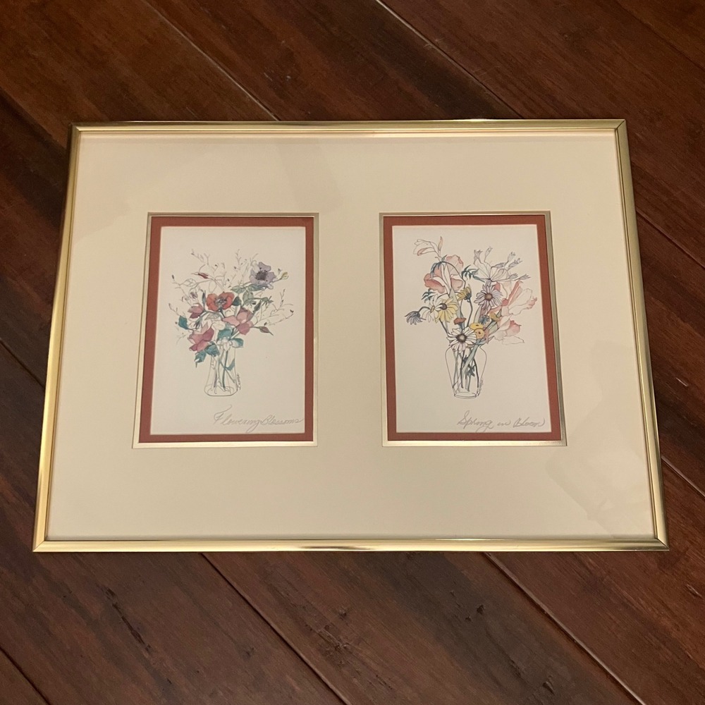 Vintage Figi Giftware Lusana Floral Art Prints Flowering Blossoms Gold Frame